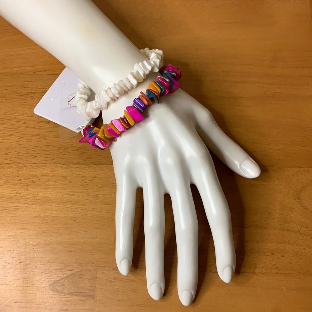 NWT Pink & White Puka Shell Bracelet Set – Stretch Beach Surfer Boho Jewelry - Picture 5 of 6